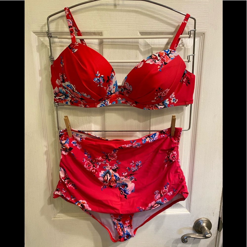 Cocoship red floral high waisted bikini